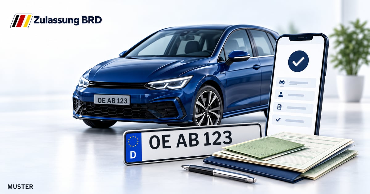 Online Fahrzeugzulassung in Wenden: Musterkennzeichen OE AB 123, Auto und Fahrzeugpapiere und Smartphone. Illustration mit Logo von Zulassung BRD.